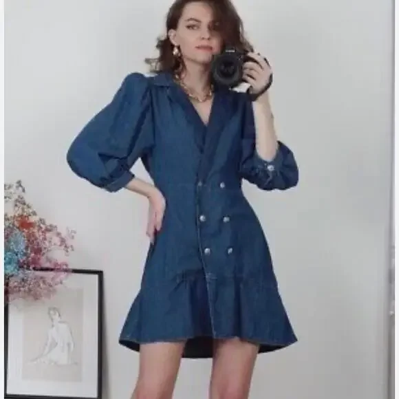 Zara Blue  Double Breasted Puff Sleeve Denim Mini Dress Blogger Favorite NEW - Picture 4 of 16